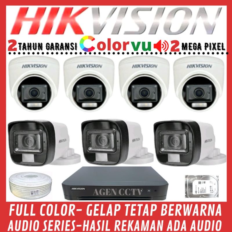 PAKET CCTV HIKVISION COLORVU 2MP 8 CHANNEL 7 KAMERA AUDIO FULL COLOR