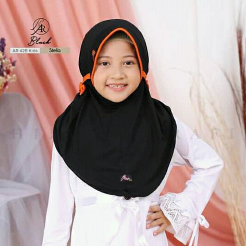 Hijab Murah | hijab anak Arrafi Ar 428 kids warna hitam pita kanan kiri | hijab arrafi kids | origin