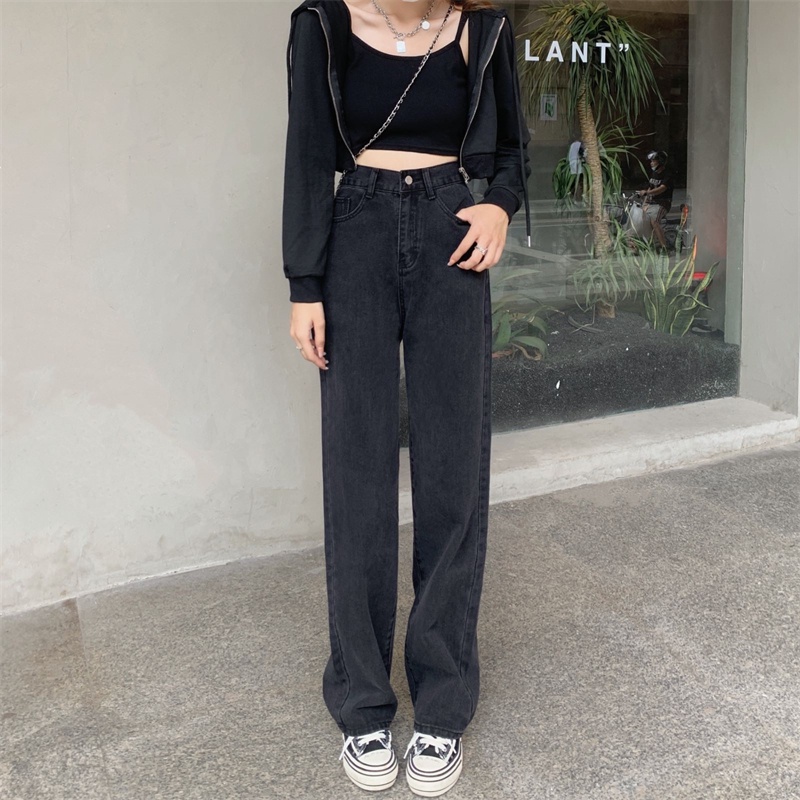 ✅COD korean style new hitam high waist kekinian longgar celana jeans panjang wanita