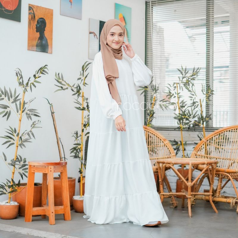 Dress gamis Mewah crincle premium busui 5 susun freesize kerah chiangi hitam putih tulang broken white