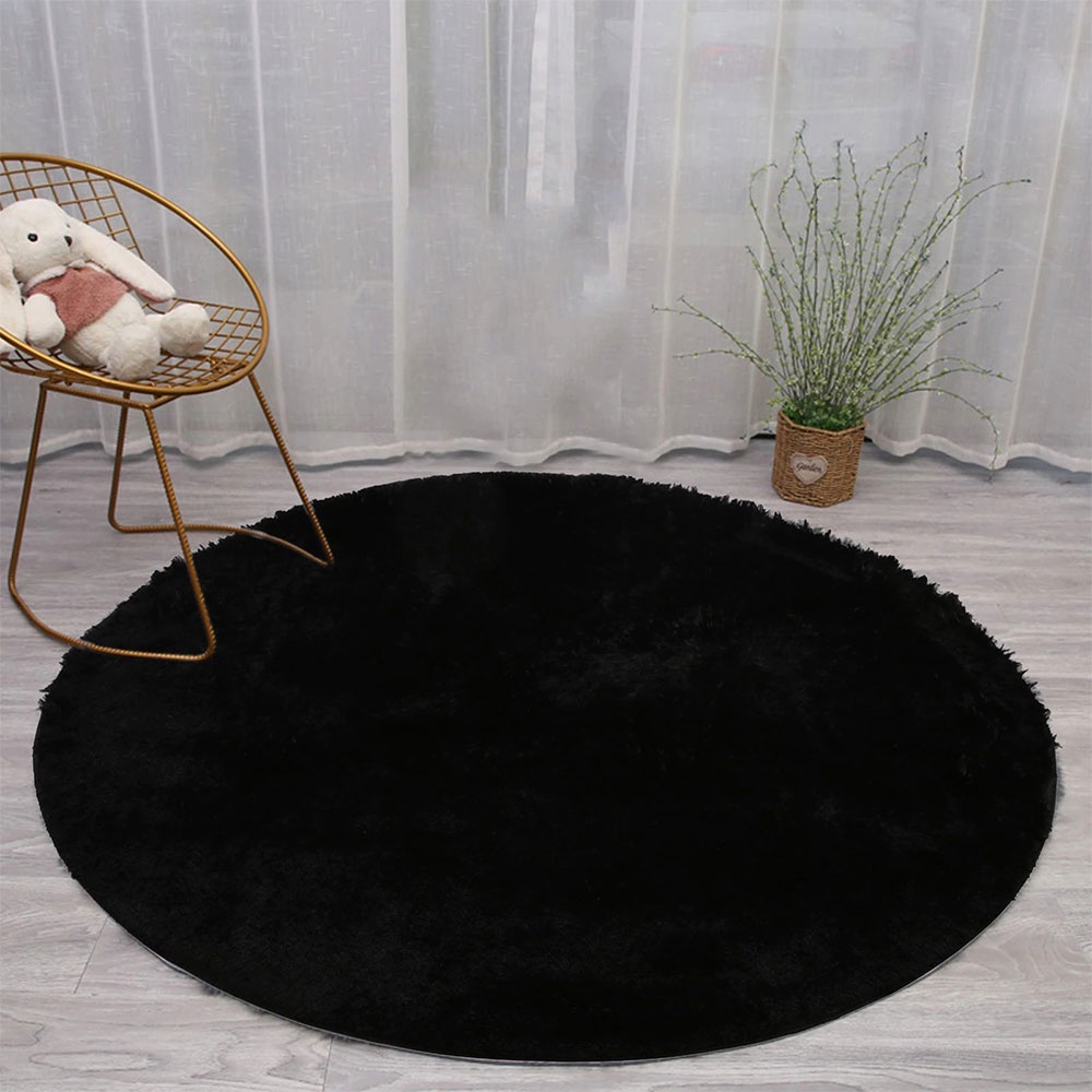 Karpet Bulu Model Bulat Plush Shaggy Soft Round 80CM - MP100 - Black