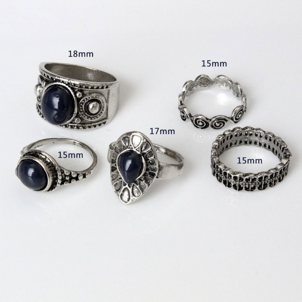 5Pcs Cincin Alloy Lily Bohemian Warna Biru