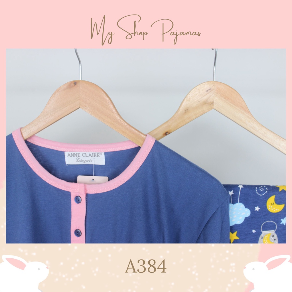 PIYAMA BABYDOLL SLEEPWEAR TANGAN LENGAN PENDEK CELANA PANJANG ANNE CLAIRE / BAJU PAKAIAN TIDUR SETELAN WANITA DEWASA PAJAMAS CP-A384 Biru
