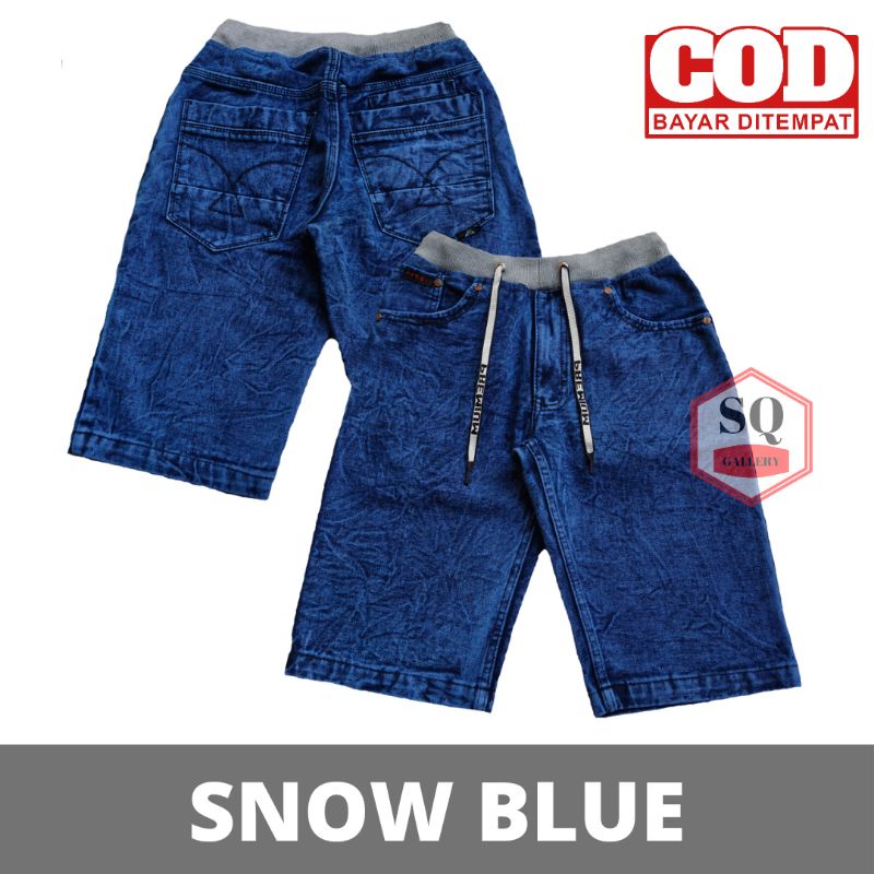 Celana Pendek Jeans Pria Washing Snow Blue Rip Kolor Pinggang Karet