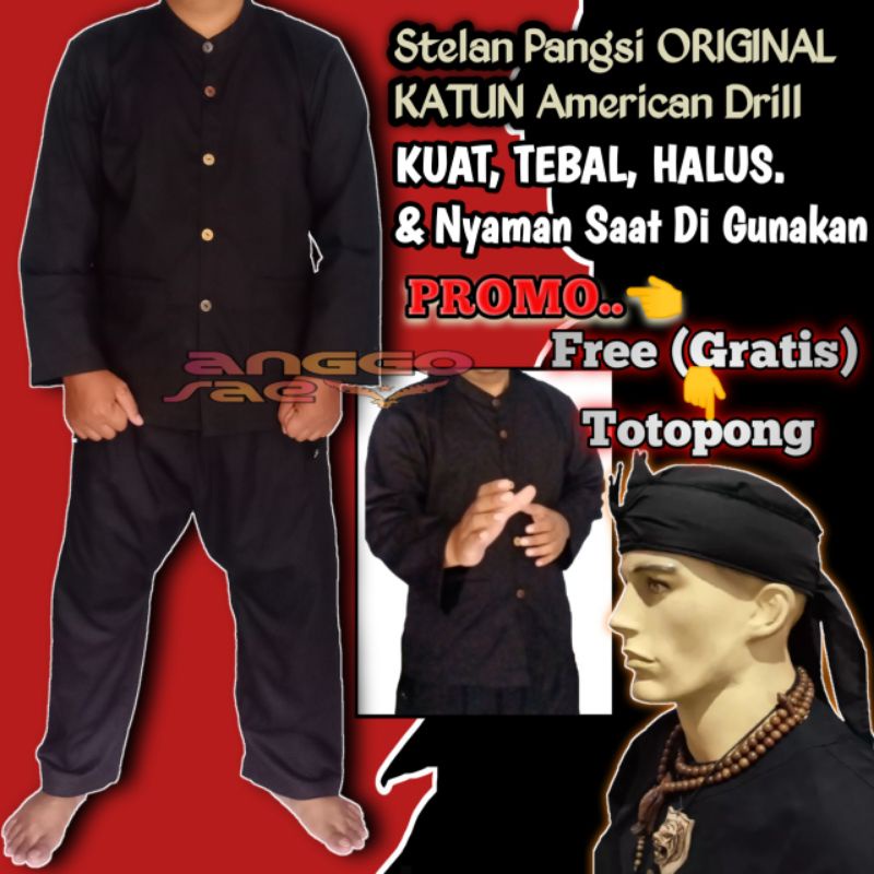 Stelan Pangsi Dewasa Katun Original American Drill Promo free Totopong Baju Pangsi Silat Setelan Jumbo Size S M L XL XXL XXXL Kampret Adat Sunda Dewasa Komprang Dewasa