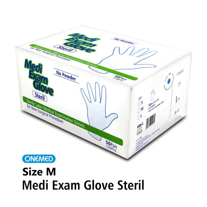 Sarung Tangan Medi Exam Glove Sterile OneMed Box isi 50 Pasang Size M OJ