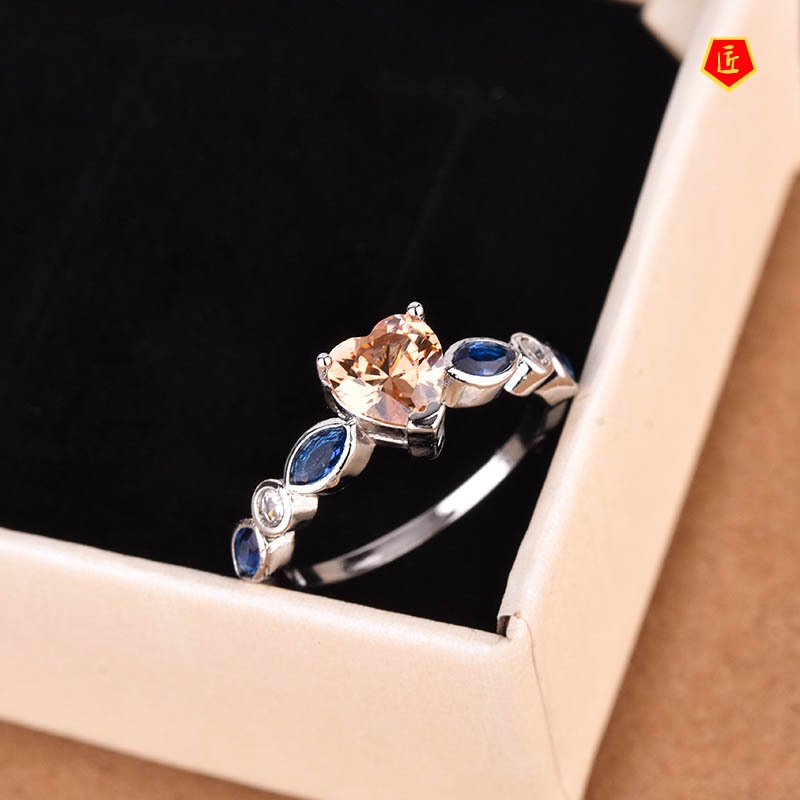 [Ready Stock]Creative Birthstone Inlaid Topaz Love Heart Ring