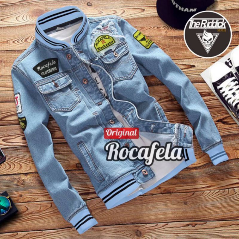 Jaket Jeans Denim Bomber Rocafela Original Cowok Cewek Remaja Pria Dewasa