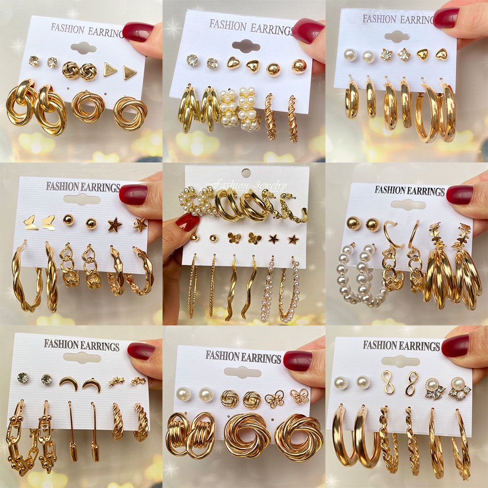 AY(CN) Fashion Pearl Resin Stud Earrings 6 Pairs/Set Circle Butterfly Gold Metal Earring Women Jewelry Accessories