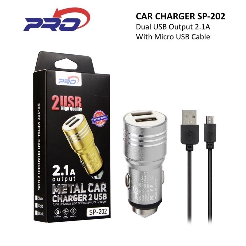 Car Charger 2 Usb / Saver Pro Charger Mobil 2 Output Free Kabel Data SP-202 Adaptor Smart Charger