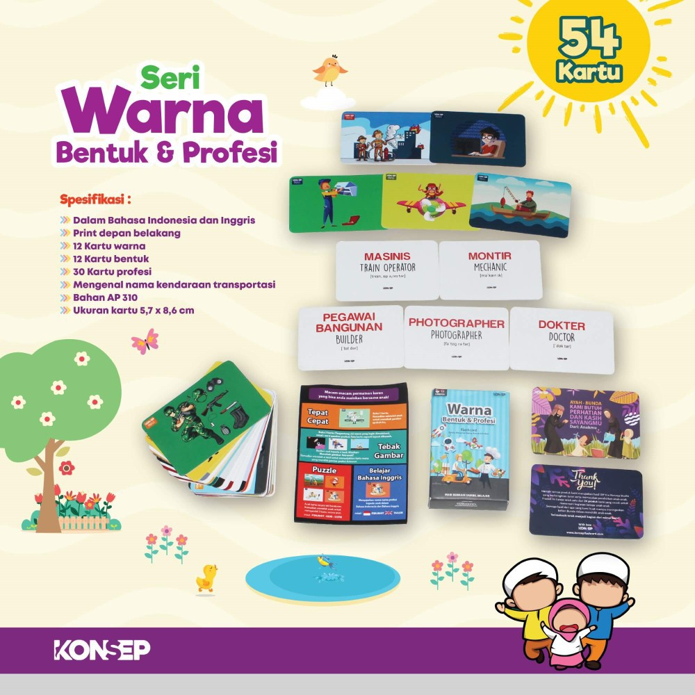 Flash Card Warna, Bentuk dan Profesi - Kartu Belajar Anak Bergambar - Konsep Studio Original