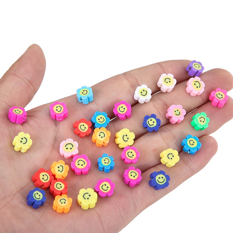 50Pcs / Lot Manik-Manik Spacer Bentuk Bunga Matahari Senyum Bahan Polymer Clay 10mm Untuk Membuat Perhiasan Handmade DIY