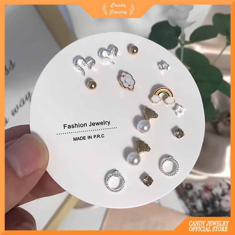 7 Pasang / set Anting Stud Desain Bunga Bintang Hati Geometris Warna Pelangi Untuk Wanita