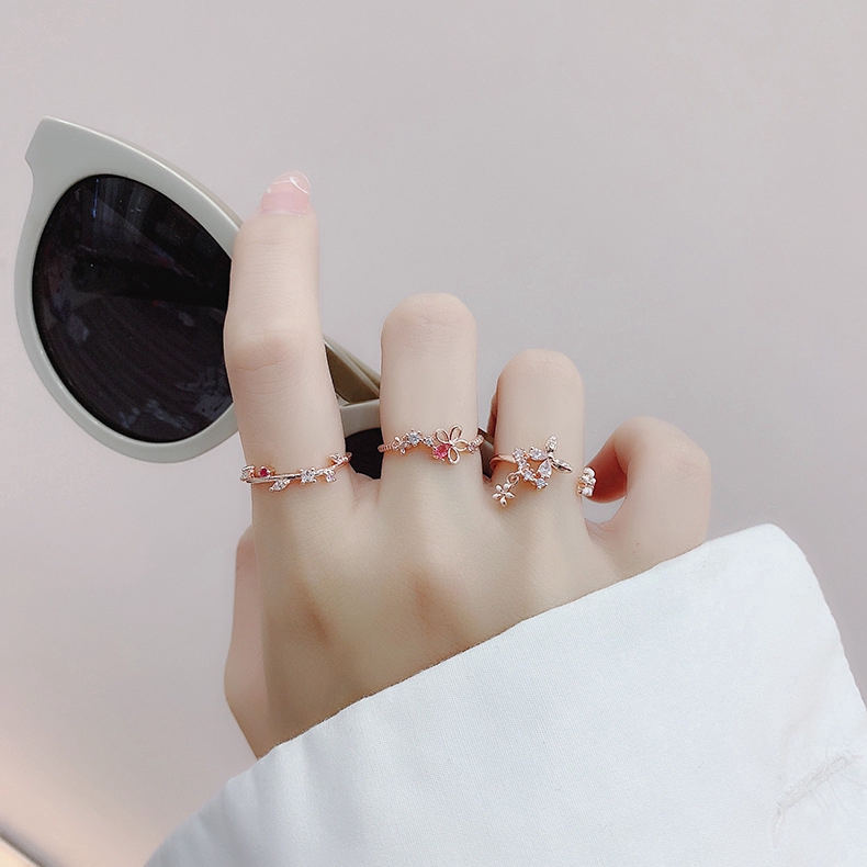 XiaoboACC Cincin Model Terbuka Bentuk Bunga Aksen Zircon Gaya Korea