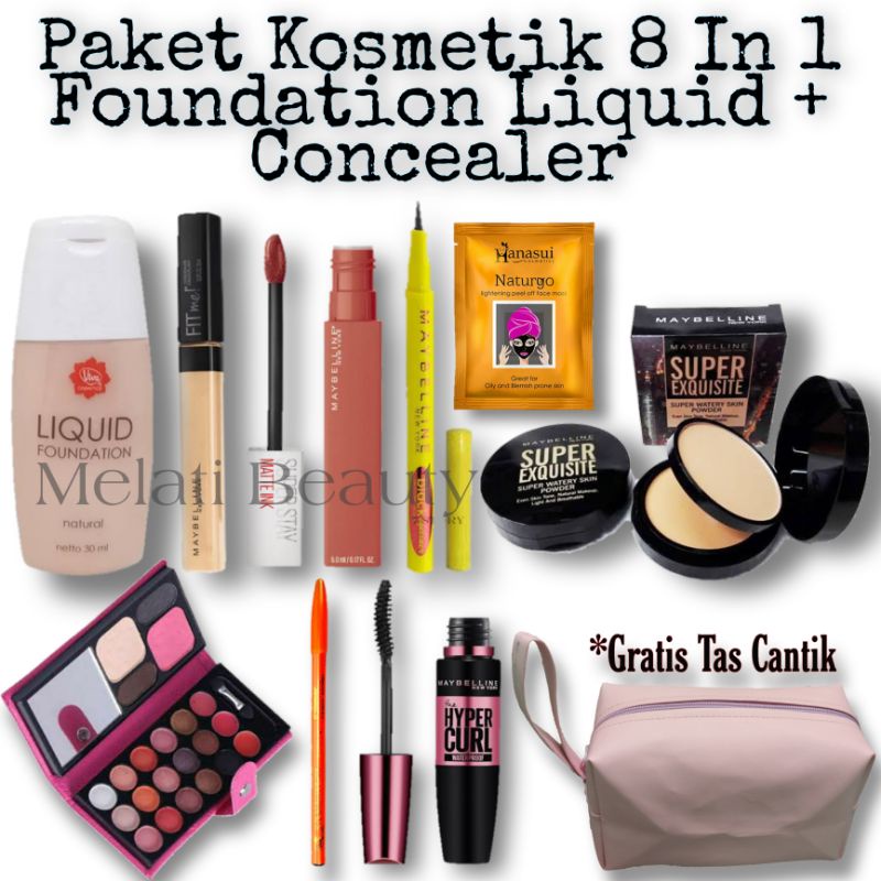 Paket Kosmetik 8 In 1 Foundation Liquid + Concealer / Paket Kosmetik / Kosmetik / Kecantikan / Make Up / Foundation Liquid / Fit Me Concealer