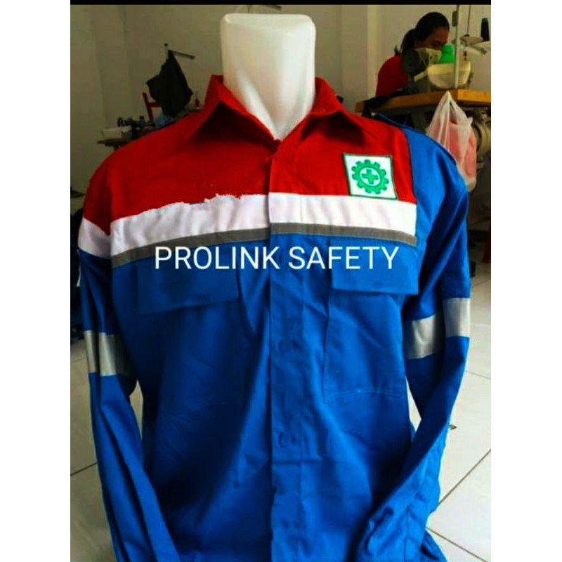 SERAGAM SAFETY BIRU MERAH MODEL PERTAMINA ATASAN RESLETING FREE LOGO K3 BENDERA