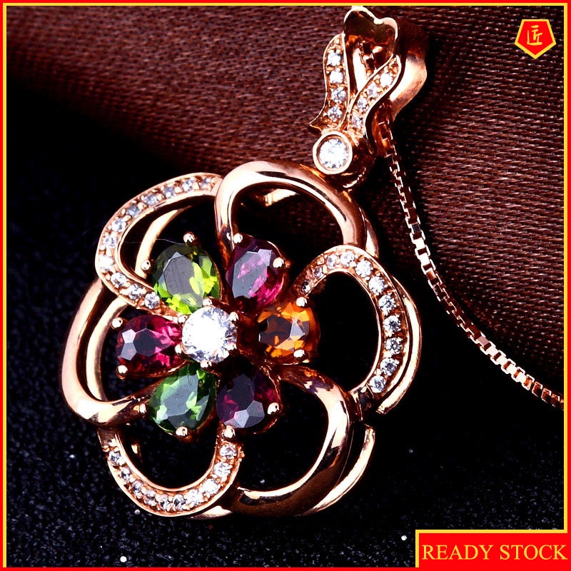 [Ready Stock]Flower Pendant Inlaid Jewel 18K Rose Gold Necklace Fashionable and Elegant