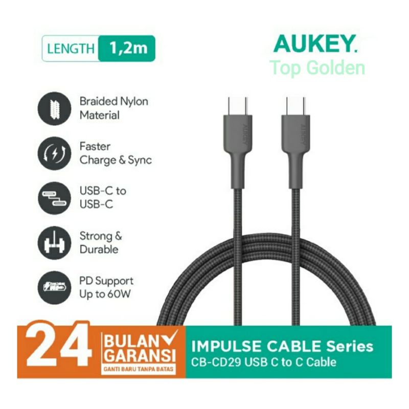 Aukey Kabel Charger Type C to Type C. 1.2m Braided Nylon. Original.