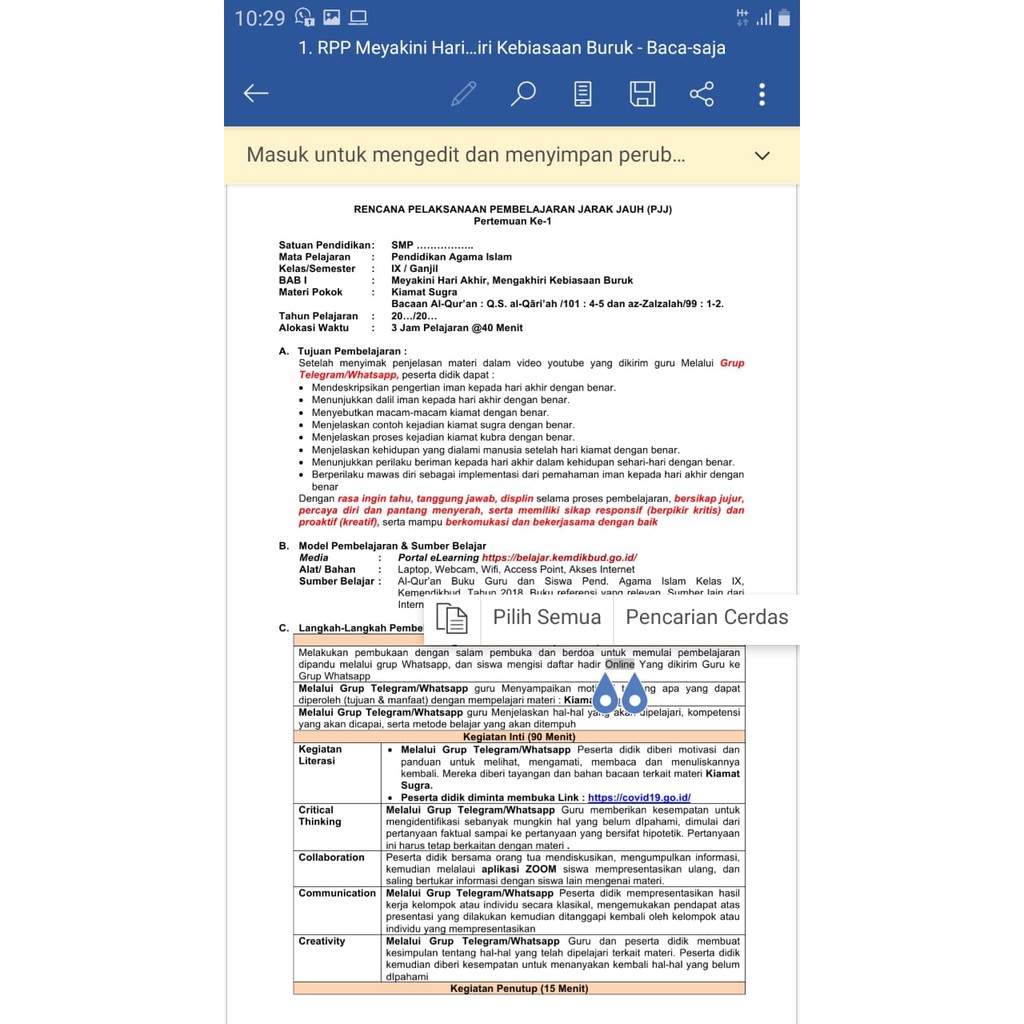 RPP 1 Lembar (RPP Daring dan luring/tatap muka) SMP Mapel, bahasa indonesia kelas 9, 2Semester