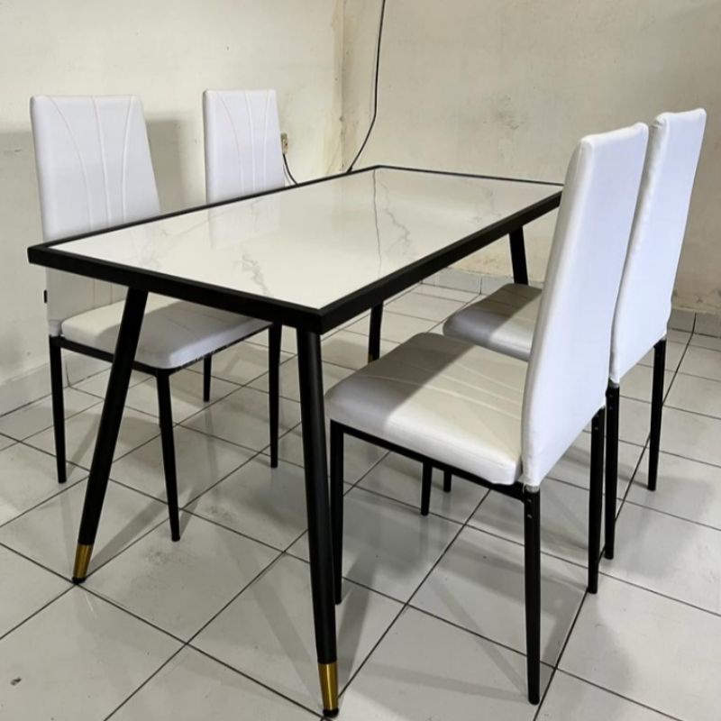 (Free Ongkir Jadetabek)TERLARIS Meja Makan Marmer Minimalis Set 4 Kursi Rangka Besi Dining Table