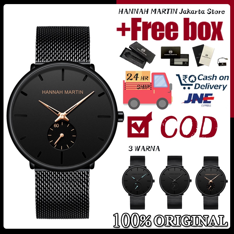 Hannah Martin Jam Tangan Pria Sangat tipis 100% Original Cowok Quartz Men Watch COD Arloji Tangan