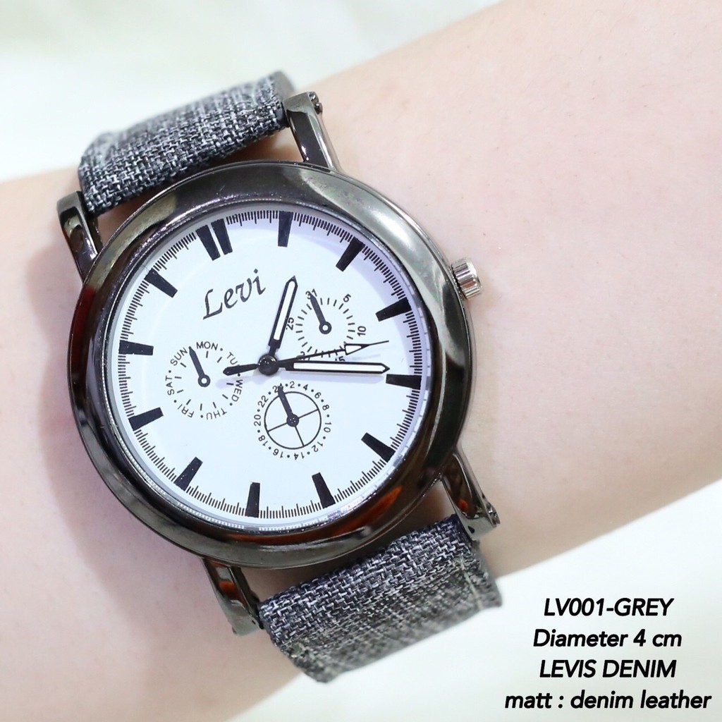 Jam tangan murah wanita /  pria LEVI tali kanvas kombinasi kulit grosir ecer termurah import LC001