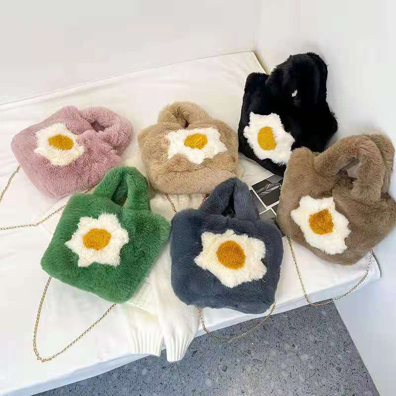 [littlecrab] Tas Bulu Motif Telur Lucu Unik Pegangan Bulu Lembut Tas Lucu Unik Cute Egg Bag Korean Style