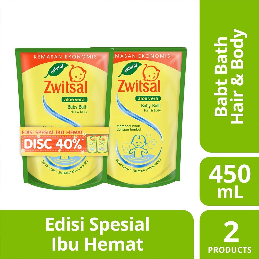 Zwitsal Baby Bath 2 in 1 Hair And Body Refill 450ml Pouch Twin Pack
