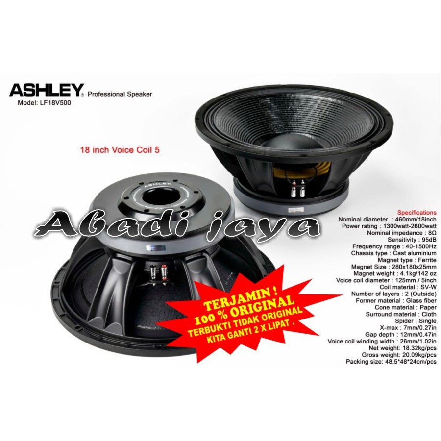 SPEAKER ASHLEY 18 INCH LF18V500 VOICE COIL 5 INCH 1300-2600 WATT