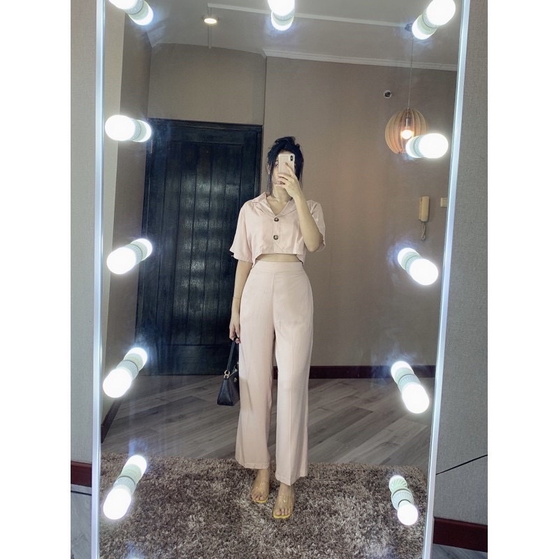 ZENAYA SET SETEL281 SETELAN BAJU CROP DAN CELANA PANJANG KULOT BUSUI SETEL281-Chocopink