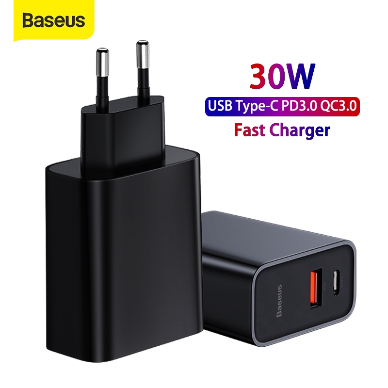 Baseus 30W EU Plug Charger Type C Dual USB Fast Charging