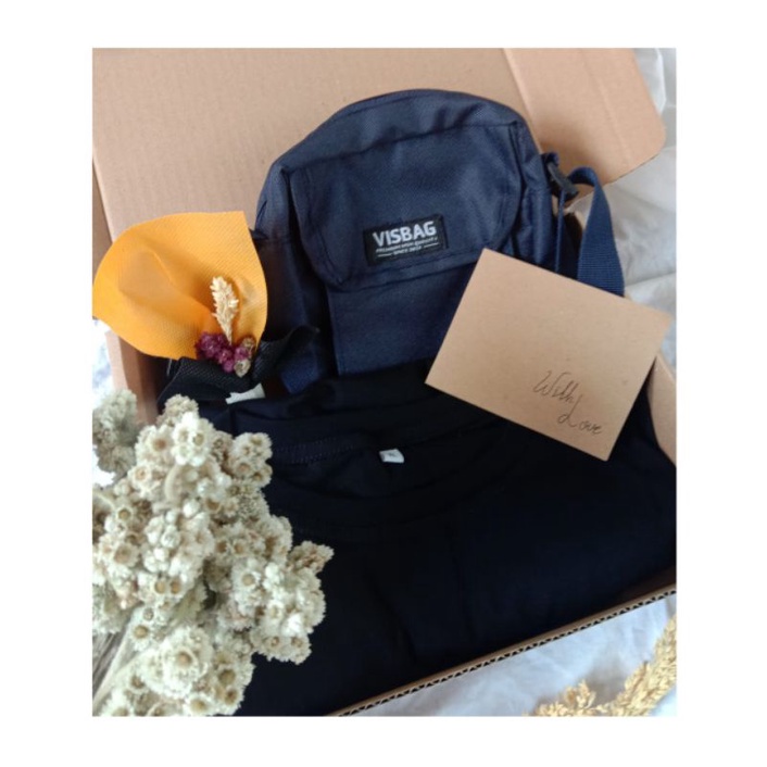 Hadiah Kado Cowok Tas Slingbag + Kaos Polos Hitam | Kado Wisuda | Kado Ultah Cowok | Hampers Cowok