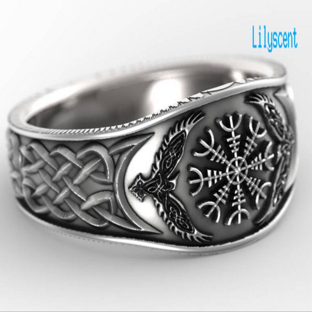 Lily Cincin Lebar Motif Ukiran Elang Kompas Bahan Alloy Warna Silver Untuk Pria