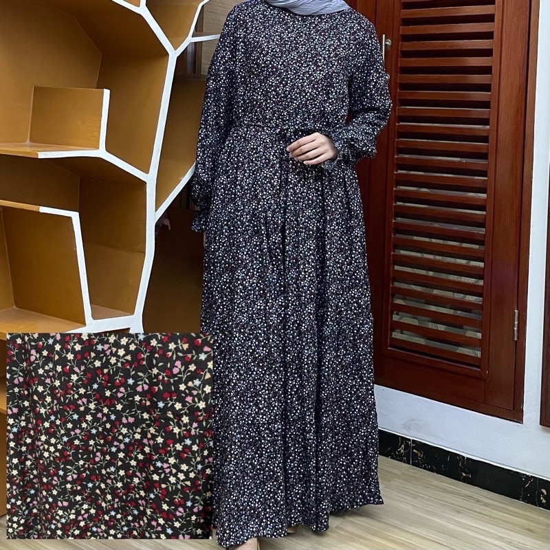 [SIZE STANDAR VOL 1] Floral dress maxi dress panjang gaun casual bunga wanita-Black star 3ruffle