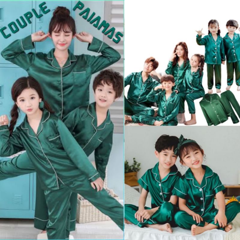 Piyama Couple Satin Polos Hijau SET Setelan pasangan Baju Tidur Piama Lengan Celana Panjang Pendek