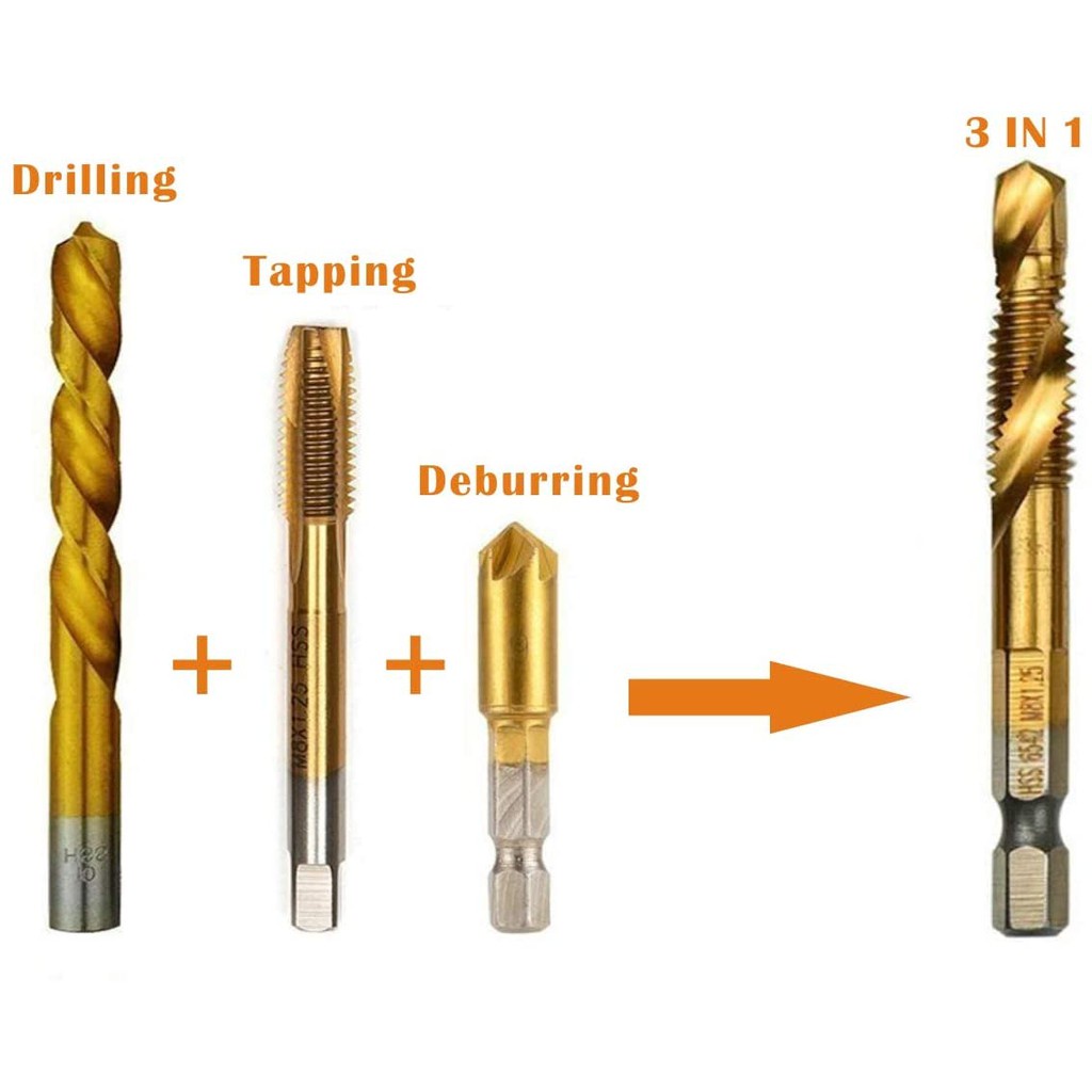 Mata Bor HSS 6PCS Pembuat Ulir Drat Drill Tap Set Hex Twist Spiral Tapper Baut Bit Drilling Tapping Deburring