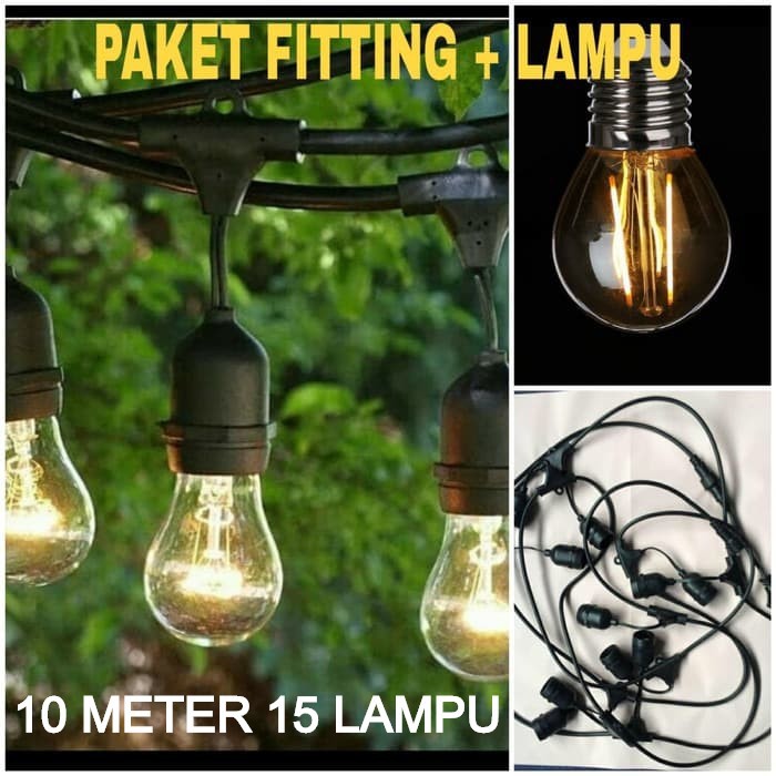 PAKET FITTING LAMPU GANTUNG 10M ( 15 FITING KABEL + 15 LAMPU FILAMEN 2WATT ) SET 10 METER KABEL 10 M
