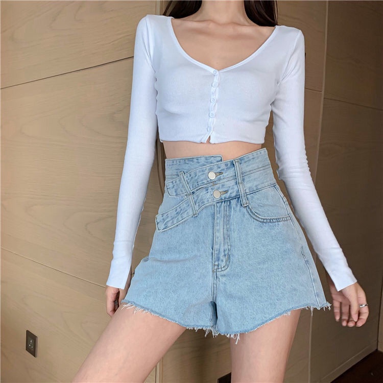 impor celana pendek denim pinggang tinggi wanita plus ukuran A-line wide leg hot pants