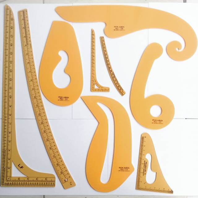 Penggaris pola jahit lengkung set isi 9 pcs merk Polaris lurus siku lengkung pinggul kerung lengan g