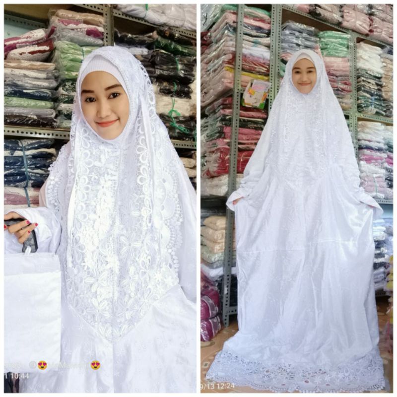 Mukena Terusan Bahan Sutra Jepang Renda Lebar Putih Full Bordir Timbul Putih Adem Nyaman Bordir Cant