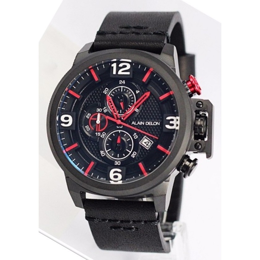 Alain Delon AD419-1765C Chronograph Black Dial Black Leather Strap - Jam Tangan Pria