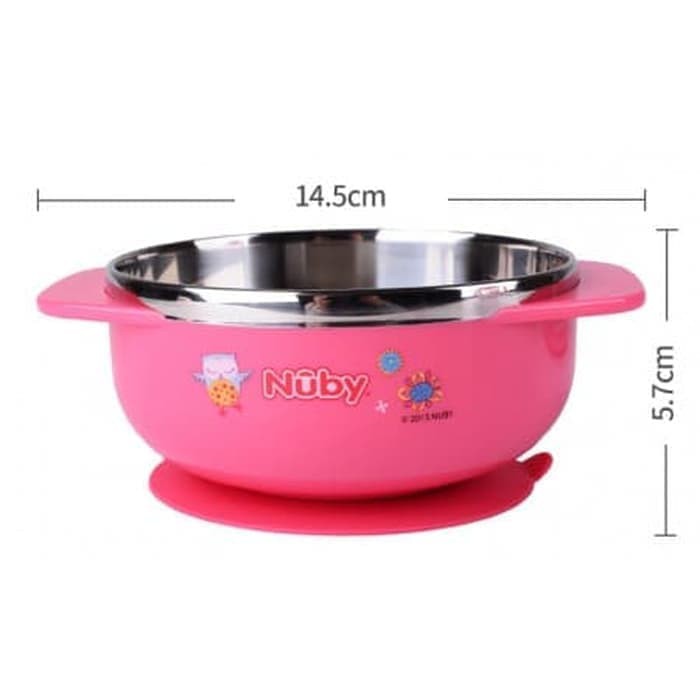 Nuby Stainless Steel Suction Bowl Pink Owl Tempat Makan Stenlis