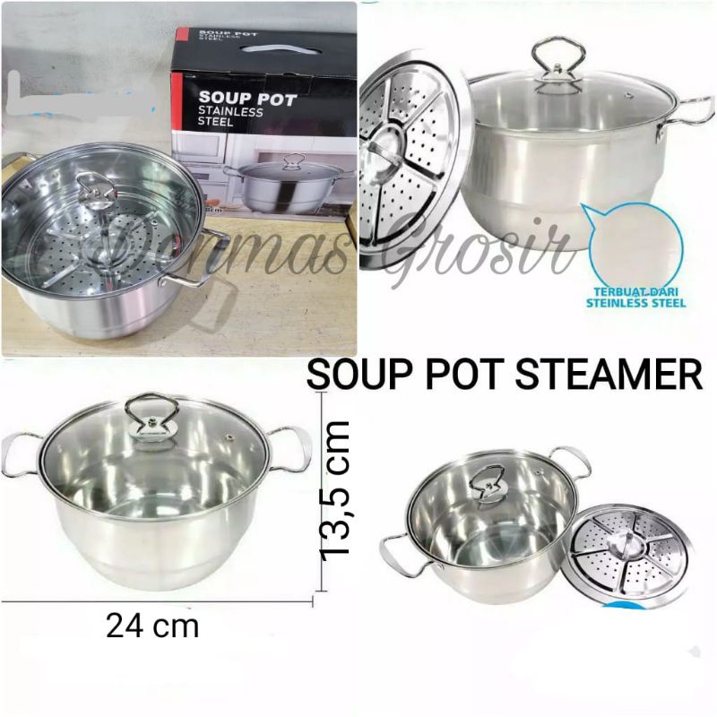 (COD) Panci Steamer Calypso Stainless / Panci labu Calypso 16 &amp; 18cm / Soup Pot Calypso Tutup Kaca / Panci Stainless