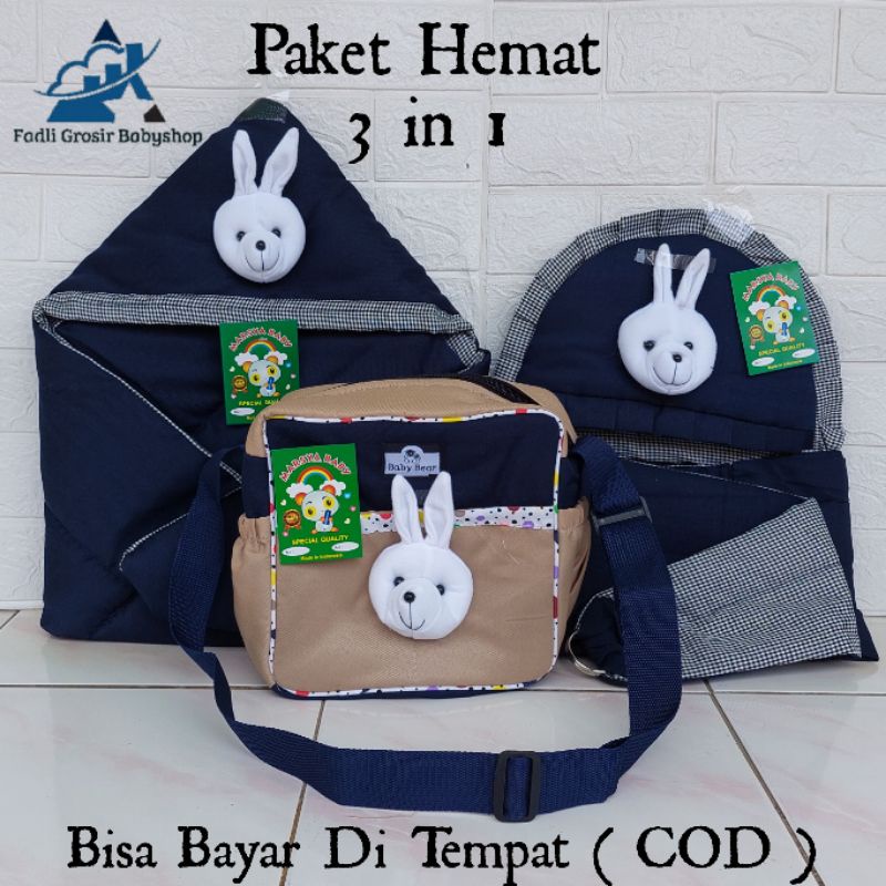 Paket Hemat (3 in 1) Tas Bayi Strip Boneka Gendongan Bayi Samping Topi Boneka Kelinci Dan Selimut Bayi Boneka Kelinci