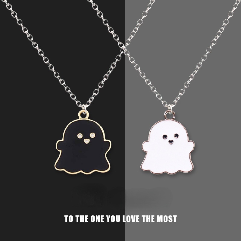 [ Cute Halloween Black White Small Ghost Pendant Necklace For Lover  Copule  ]