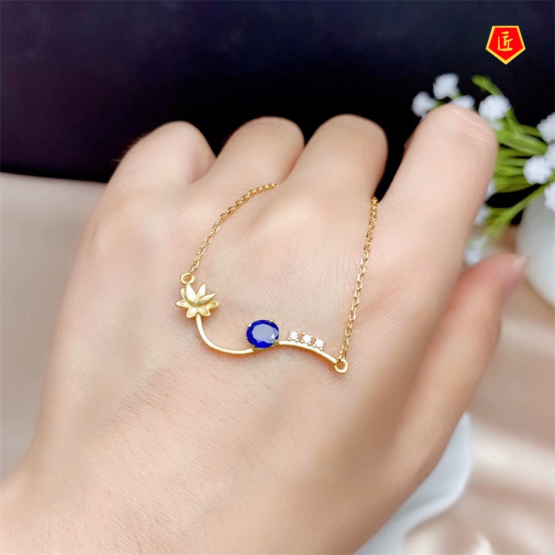 [Ready Stock]Fashion Lotus Gold Necklace Inlaid Sapphire Pendant