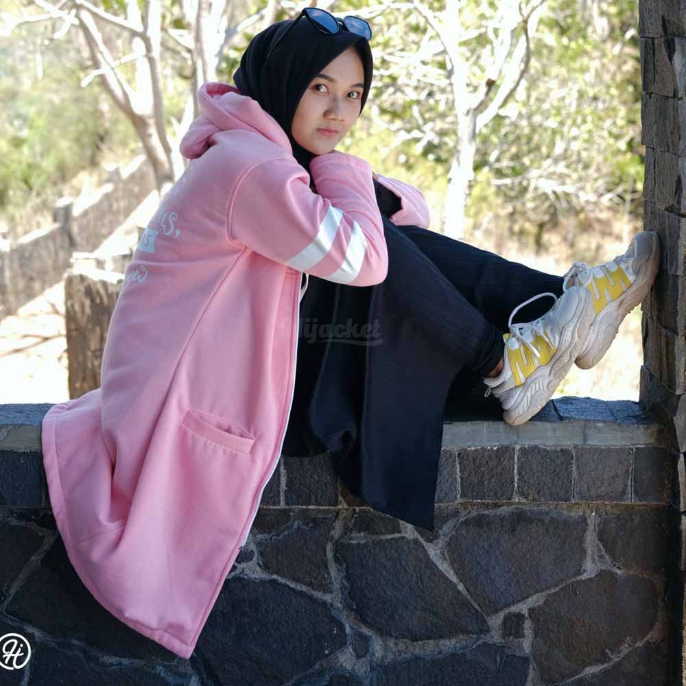 Jacket Jaket Hijabers Wanita Cewek Cewe Muslimah Hijaket Panjang Hoodie Hijacket Hoody BX Baby Pink-7