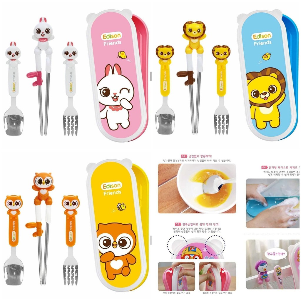 Edison Chopstick Spoon Fork Case Set- Sendok Garpu Sumpit Karakter - Edison Set Chopstik