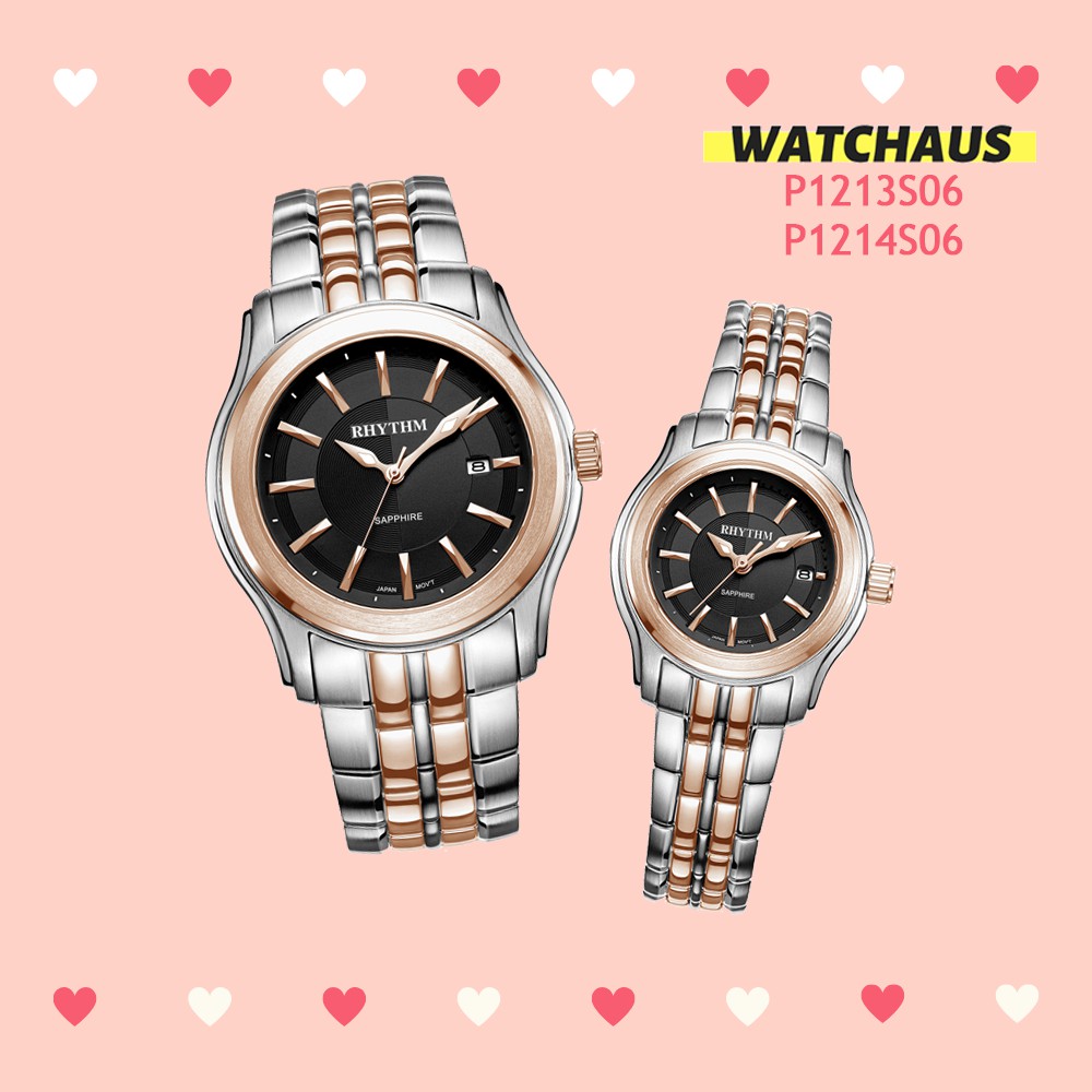 JAM TANGAN COUPLE RHYTHM P1213S06 P1214S06 P1213 S06 P1214 S06 ANALOG SILVER ROSEGOLD DIAL BLACK STA