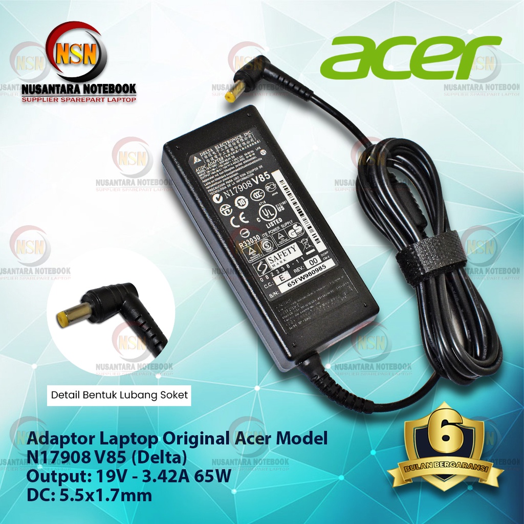 Adaptor Original Laptop Acer 19V - 3.42A DC 5.5 x 1.7 mm + Kabel Power